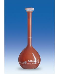 BALÃO VOLUMÉTRICO UV-PROTECT, 250ml, CL. A, EM PMP ÂMBAR, TP EM PP, GRAV. VERM. VITLAB