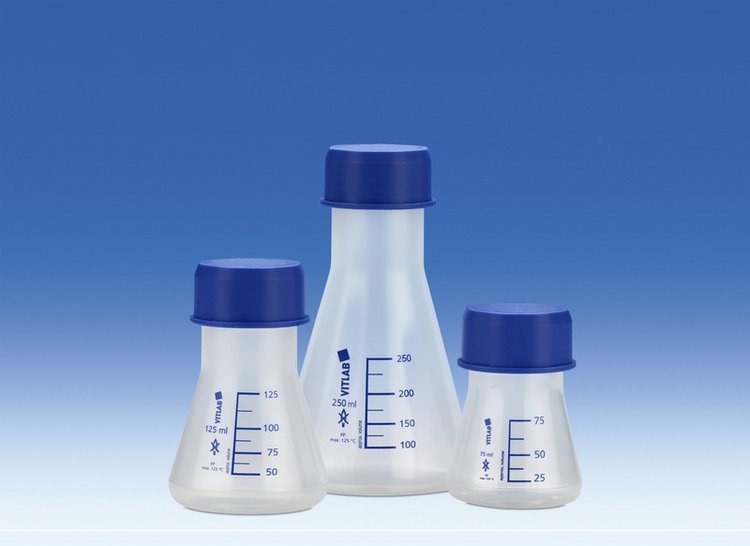 ERLENMEYER AUTOCLVÁVEL, MARC. FOOD SAFE, 1000ml EM PP BOCA LARGA TAMPA ROSCA AZUL VITLAB
