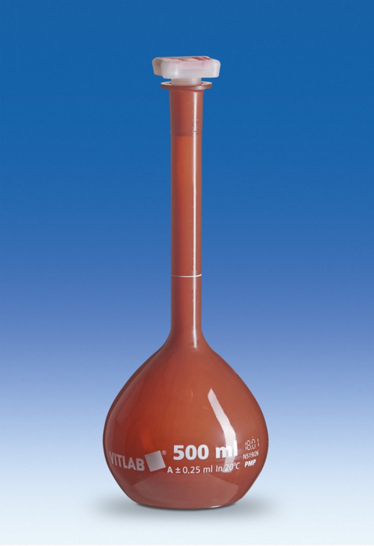 BALÃO VOLUMÉTRICO UV-PROTECT, 250ml, CL. A, EM PMP ÂMBAR, TP EM PP, GRAV. VERM. VITLAB